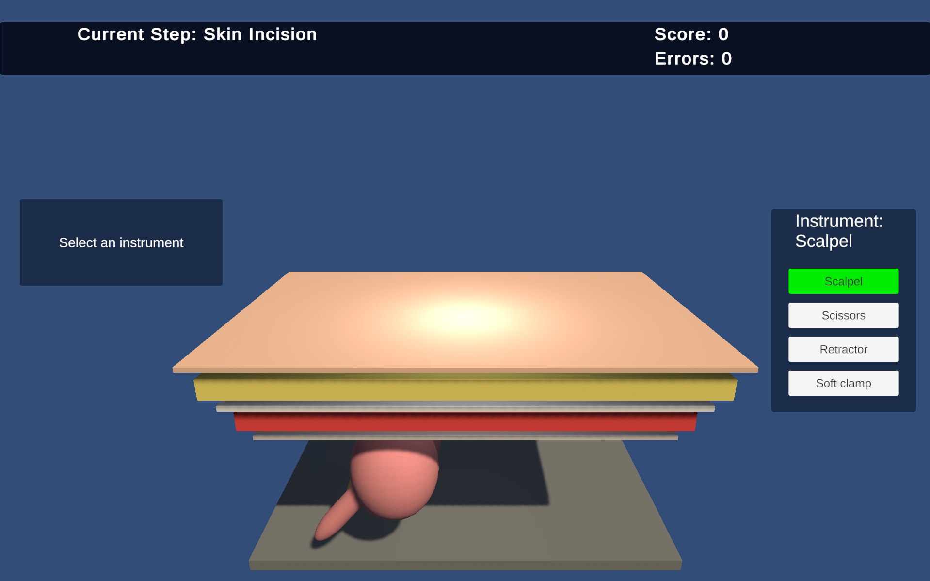 Appendectomy practical simulator showing the skin incision stage