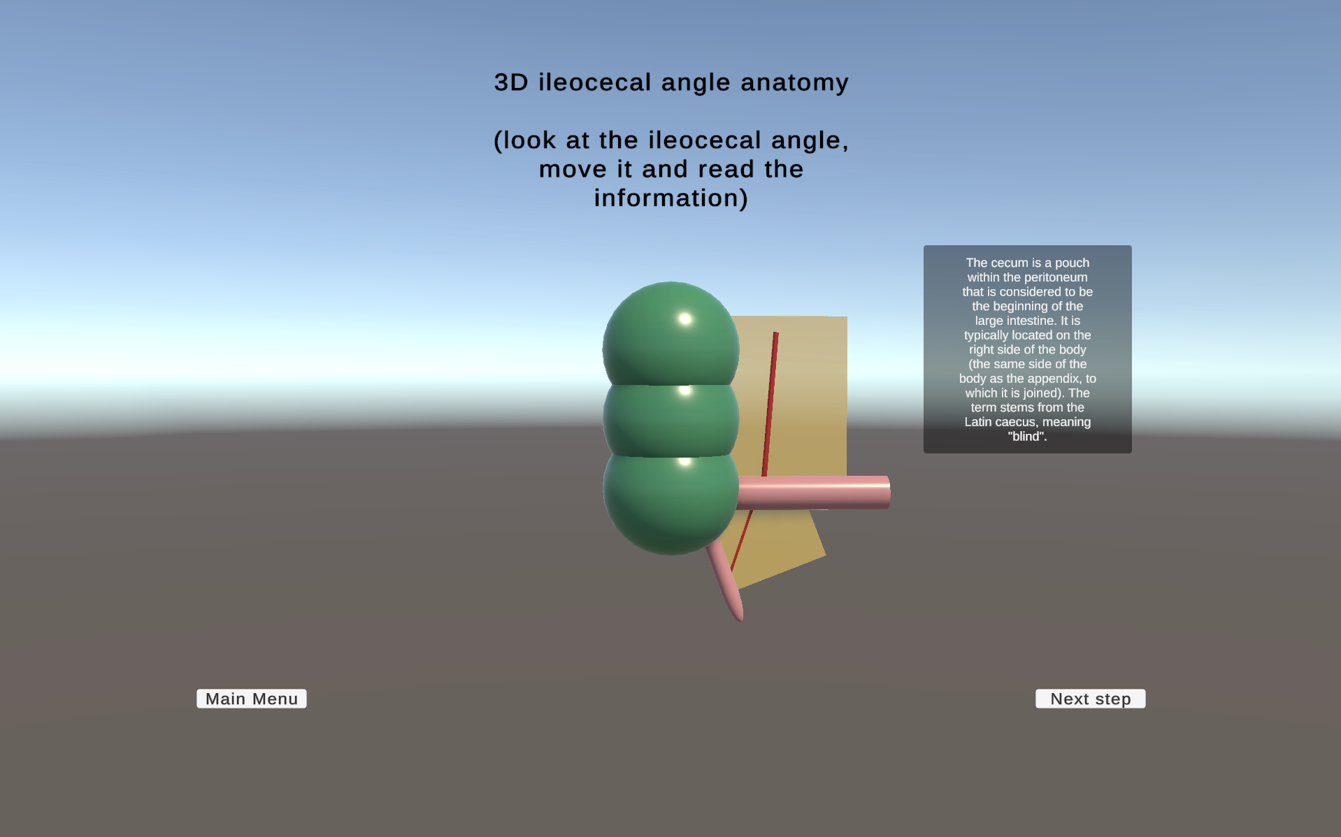 Appendectomy theoretical module displaying 3D anatomy